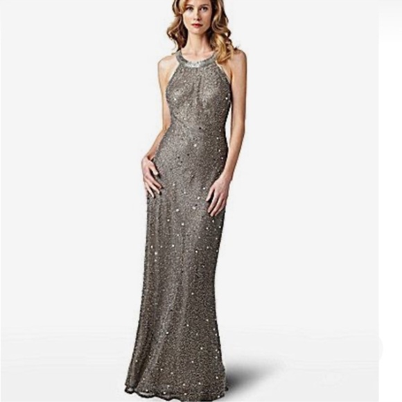 ADRIANNA PAPELL elegant party maxi beaded silver dress petite 4 - Picture 1 of 7